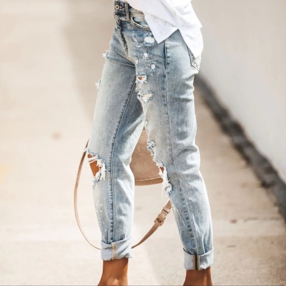Brand New Distressed Denim Jeans Paint Splatter Relaxed Fit Boyfriend - Picture 6 of 10